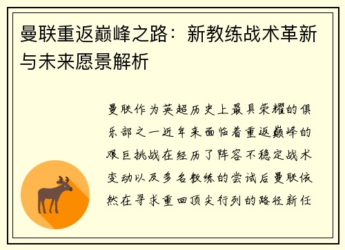 曼联重返巅峰之路：新教练战术革新与未来愿景解析