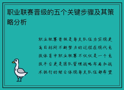 职业联赛晋级的五个关键步骤及其策略分析